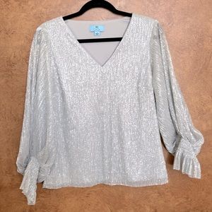 Dressy CeCe lined silver top with puffy sleeves, NWT, size small